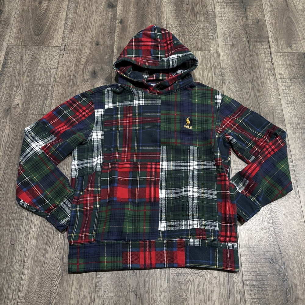 Polo Ralph Lauren Hoodie Mens Small Patchwork Plaid Flannel Pullover *Drawstring